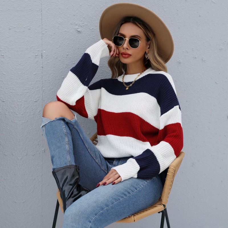New product for fall/winter 2021 contrast striped long-sleeved round neck sweater pullover top, White;black
New product for fall/winter 2021 contrast striped long-sleeved round neck sweater pullover top, White;black
