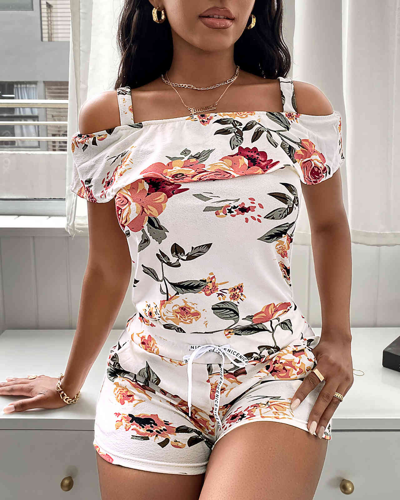 Summer Women Floral Print Top & Drawstring Shorts Set Elegant New Femme Cold Shoulder Crop Top & Skinny Above Knee Bottoms Set 210415