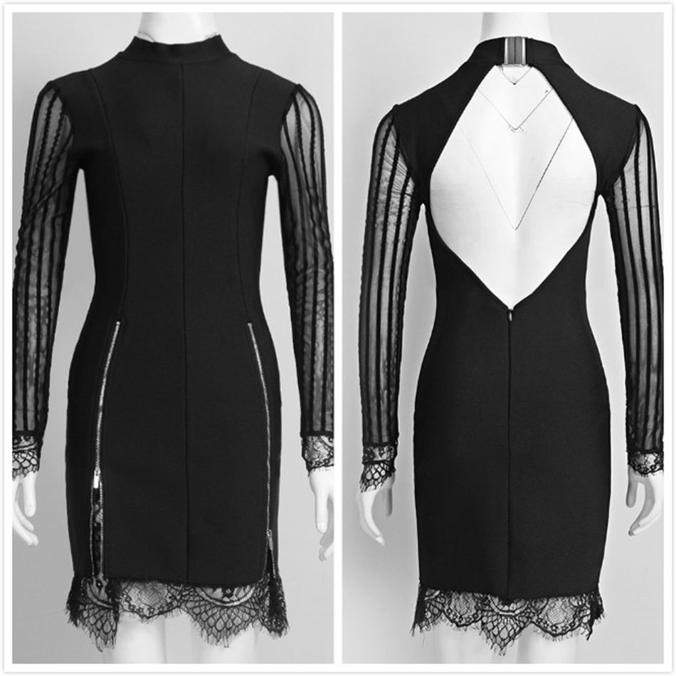 Free Sexy Lace Bandage Dress Long Sleeve Stand Collar Zipper Bodycon Halter Women Nightclub Party 210524