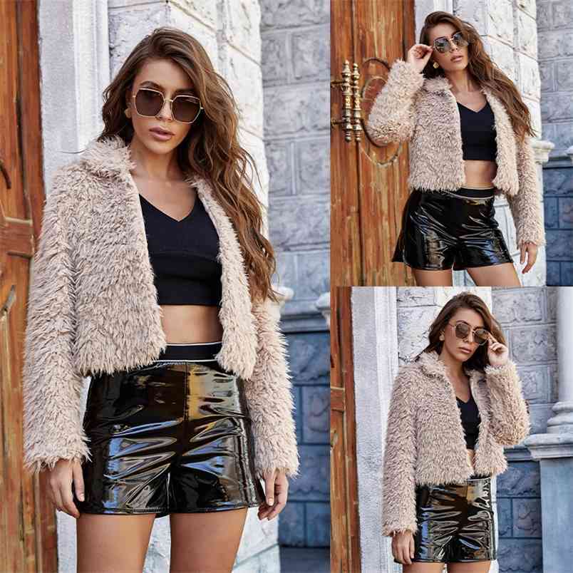 Sexy Furry Short Jacket Coats Women Autumn Winter Fashion Lapel Long Sleeve Loose Khaki Faux Lambswool Plush Outwear Femme 210522