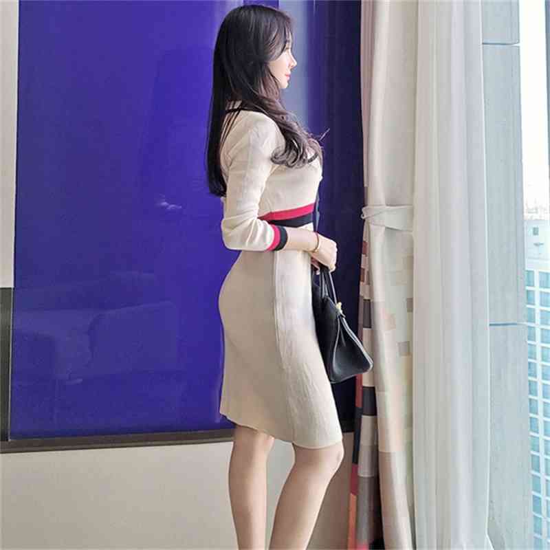 Spring Women's Elegant Ladies Knitted Striped Patchwork Lapel Temperament Vintage Sweater A-line Party Dress 210519