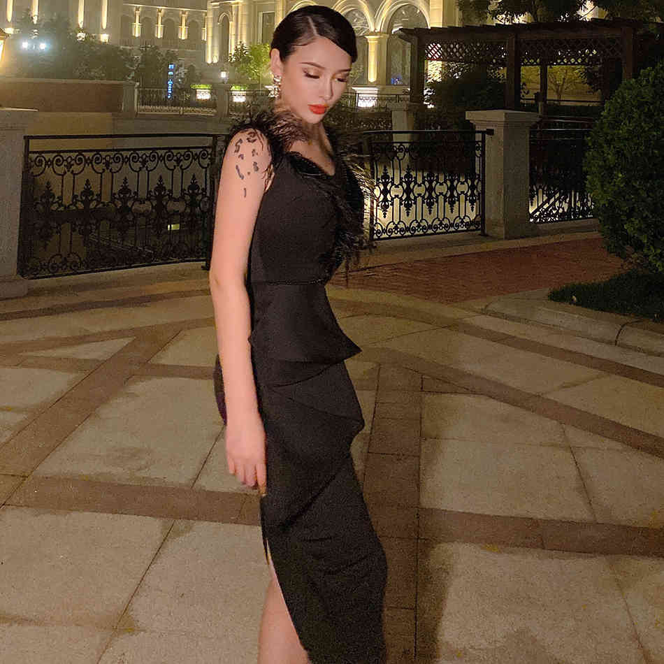 Free Women Fashion Feather Dress Sexy V-neck Sleeveless Pearl Sequin Bodycon Midi Club Party es 210524