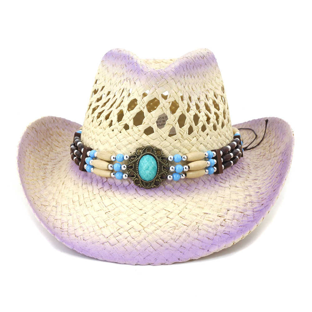Men Natural Straw Western Cowboy Hat Handmade Weave Curling Brim Cowgirl Summer Hats Sombrero Cap Q0805