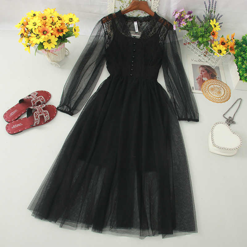 LY VAREY LIN Summer Sweet Puff Sleeve Netting Dress Solid A Line High Waist Medium 210526