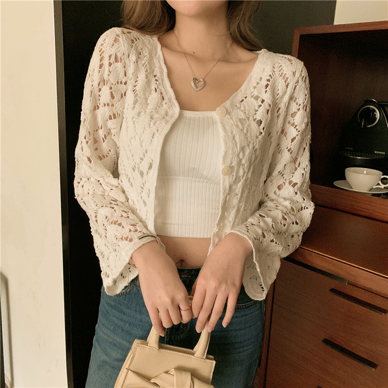 Comelsexy Korean Elegant Vintage Hollow Out Floral Crochet White Lace Summer Blouses Women Crop Tops Women Shirts Cardigan 210515