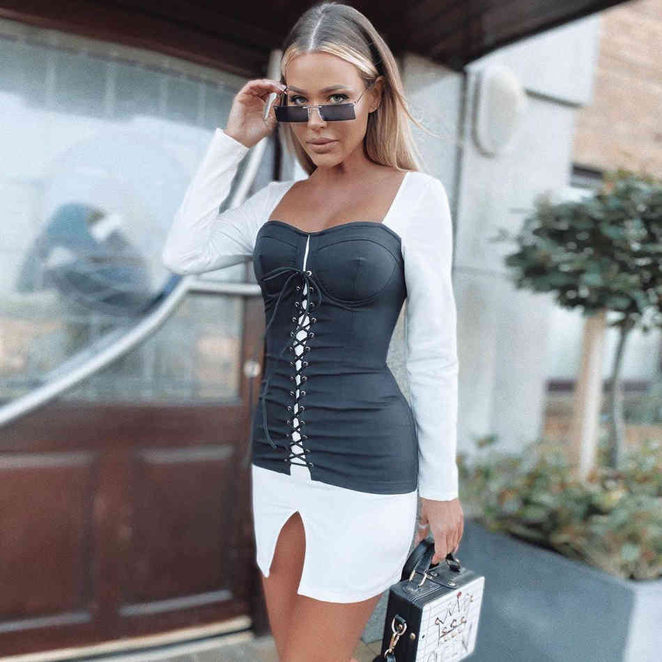 Free Winter Women Black Long Sleeve Bodycon Bandage Dress Sexy Strapless Lace Up Celebrity Evening Party 210524
