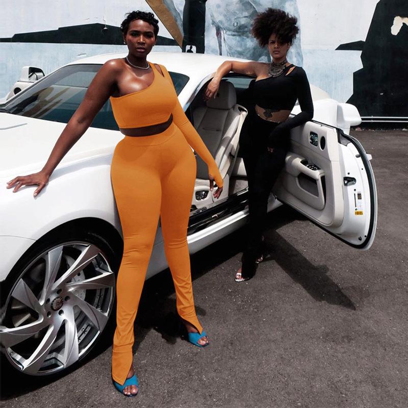 Long Sleeve One-Shoulder Hollow Out Cut Solid Tshirt Top Leggings 2 Pieces Set Autumn Winter Women Tracksuit Women's Tracksuits