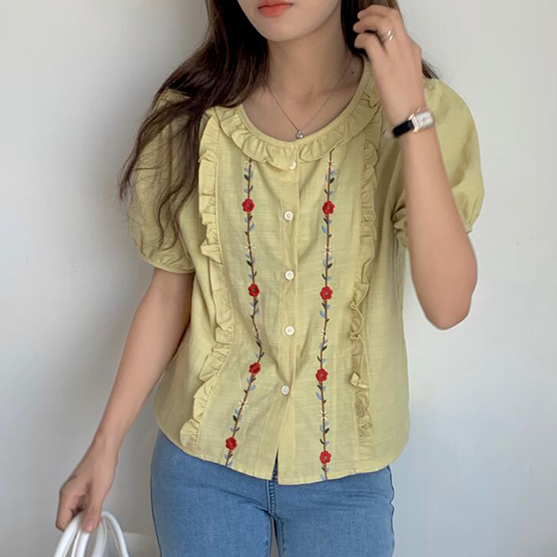 Nomikuma Chic Floral Embroidery Woman Shirt Korean Ruffle O-neck Puff Sleeve Blouses Summer Sweet New Blusas Mujer 6H527 210427
