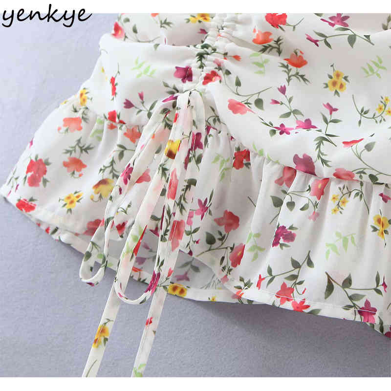 YENKYE Sweet Ruffle Floral Print Dress Women Front Drawstring Draped Bodycon Mini Sexy Dress Holiday Summer Sling Chiffon Robe 210515