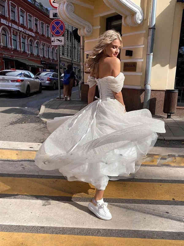 Elegant Ankle- Length Short Wedding Dresses Boho White Ivory Tulle Satin Beach Robe De Mariee Princess Tiered Bridal Gowns