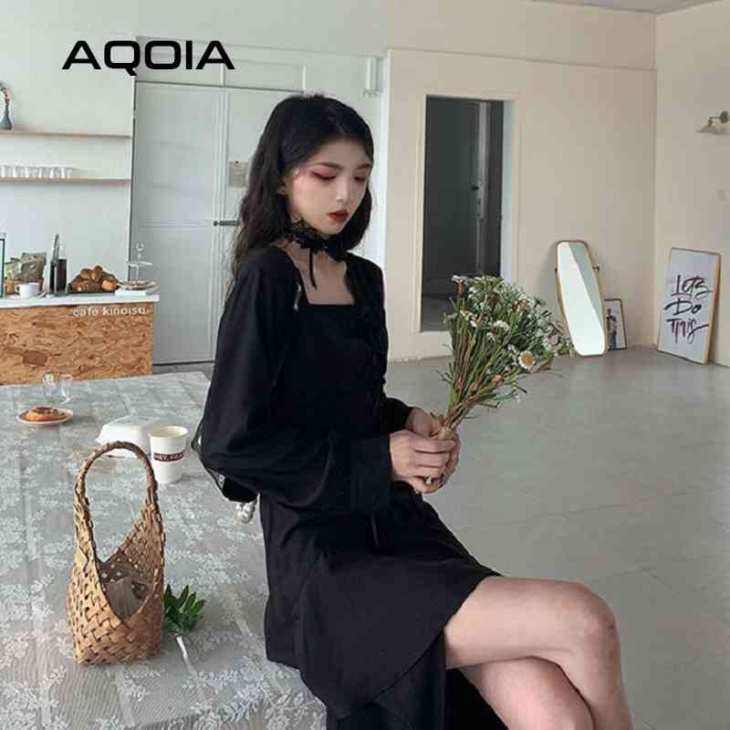 Summer Gothic Black Bandage Women Dress Street Style Long Sleeve Cascading Ruffle Double Layer Lolita Ladies Dresses 210521