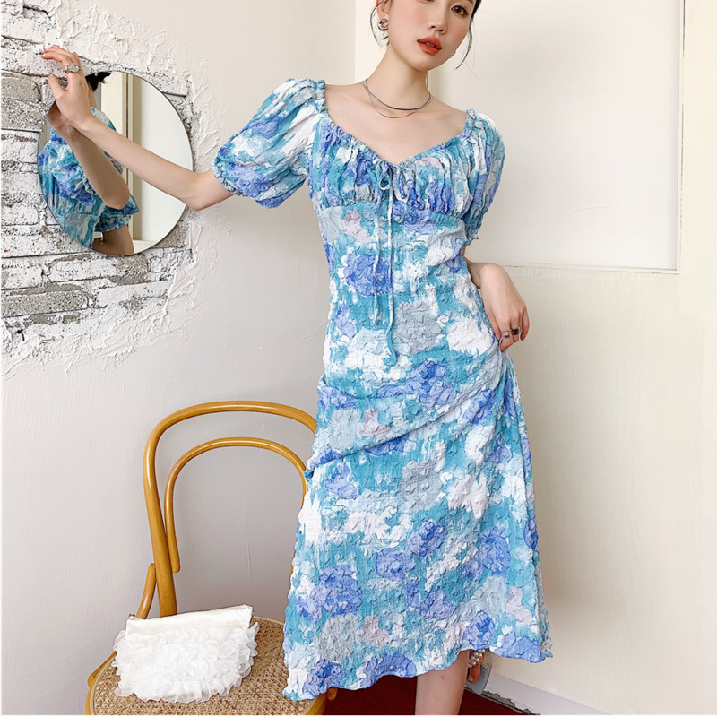 Women Dress Oil Painting Print Holiday Beach Long Puff Sleeve Temperament Fashion Summer Arrivals 2H703 210526