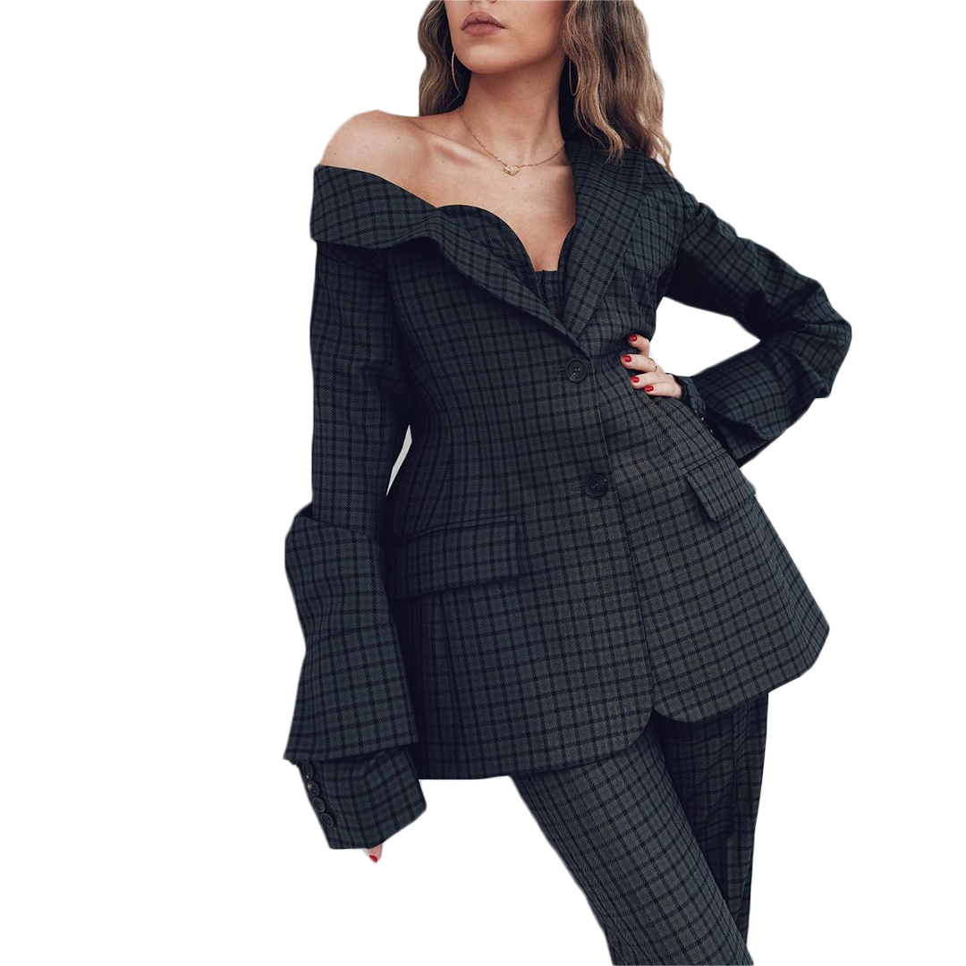 Black Plaid Women Wedding Pants Suits 2 Pieces Ladies Evening Party Prom Daily Blazer Tuxedos Formal Wear Outfits(Jacket+Pants)