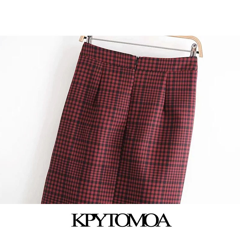 Women Chic Fashion Pleated Side Vents Check Midi Skirt High Waist Back Zipper Female Skirts Mujer 210420