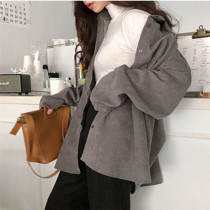 Stylish Warm Texture Corduroy Comfortable Autumn High-Quality Brief Office Lady Chic All-Match Women Fresh Shirts 210421
