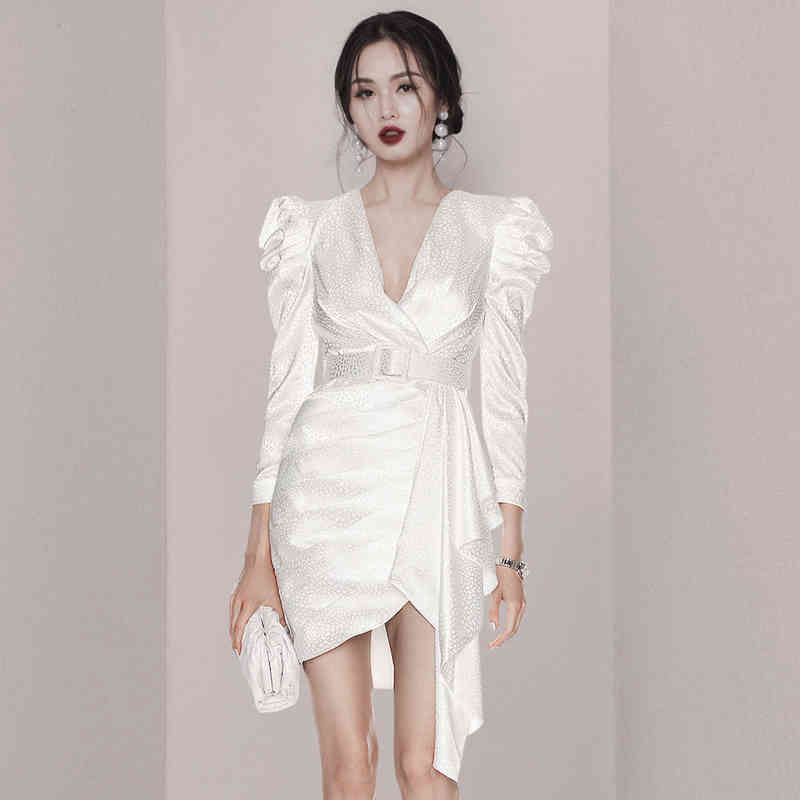 Elegant Women Sexy V-Neck Puff Sleeve Irregular Dress Spring Office OL High Waist Bodycon Party Vestidos Femme 210519