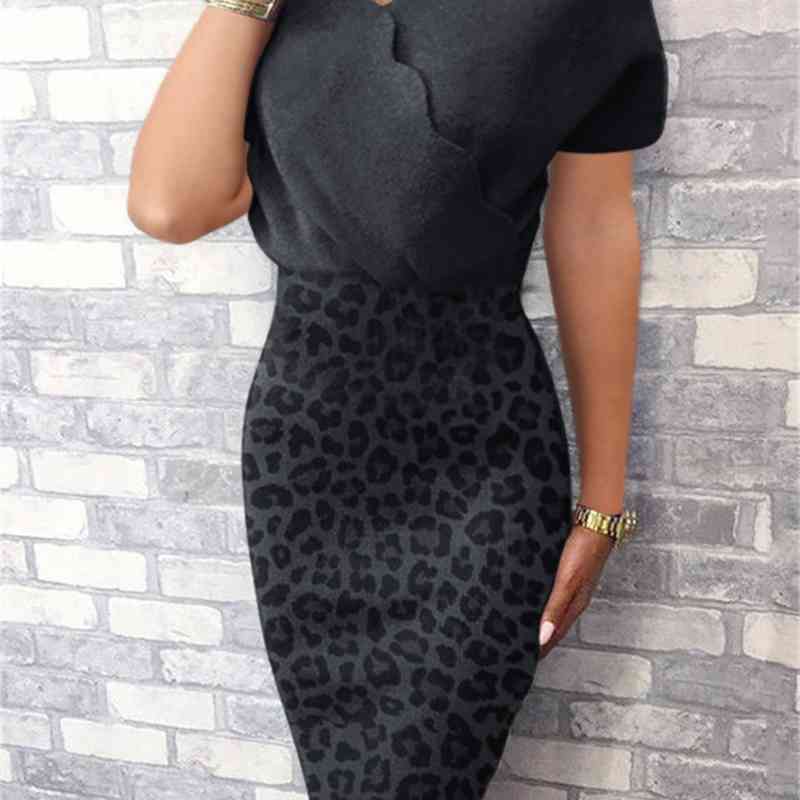 Women Summer Pencil Dress Elegant Ruffle V-Neck Short Sleeve Elastic Waist Leopard Print Slim Package Hips Party Vestidos 210526