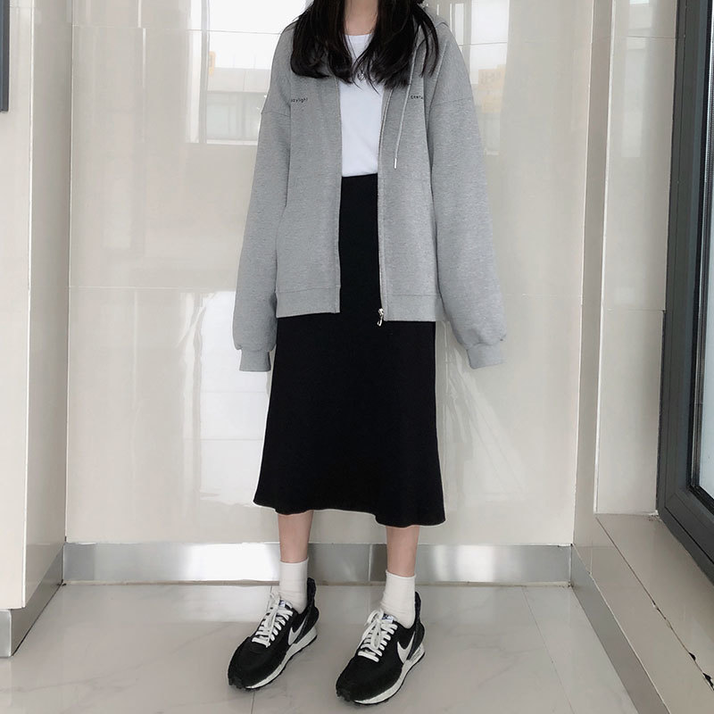 ML Autumn Zipper Hoodies Sweatshirt jacket korean ins style Outwear letter print thicking Winter grey Coat Women (X1552) 210423