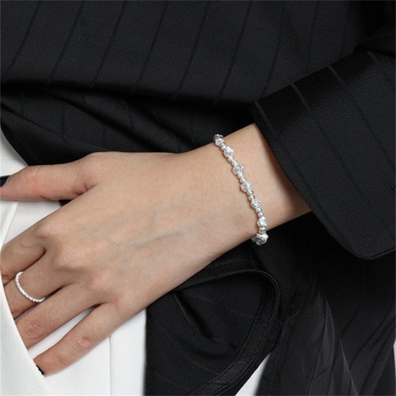 100% 925 Sterling Silver Geometric Square Round Beads Charm Bracelet For Women Fine Jewelry Female Elastic Bracelets