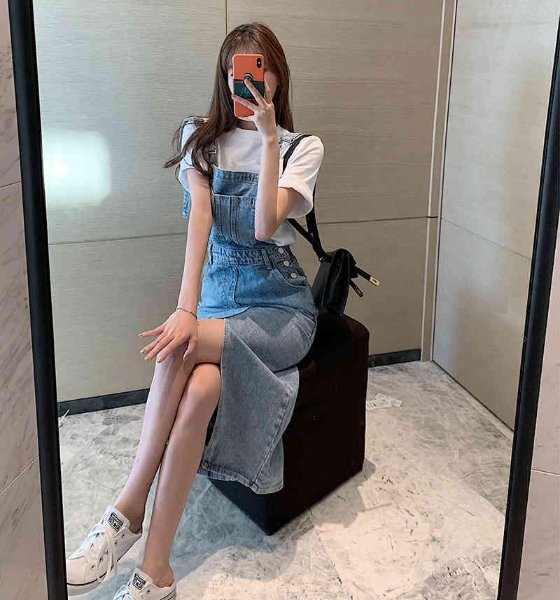 Fashion Streetweaer Vintage Button Denim Spaghetti Strap For Women Summer High Waist Split Elegant Dress 210515