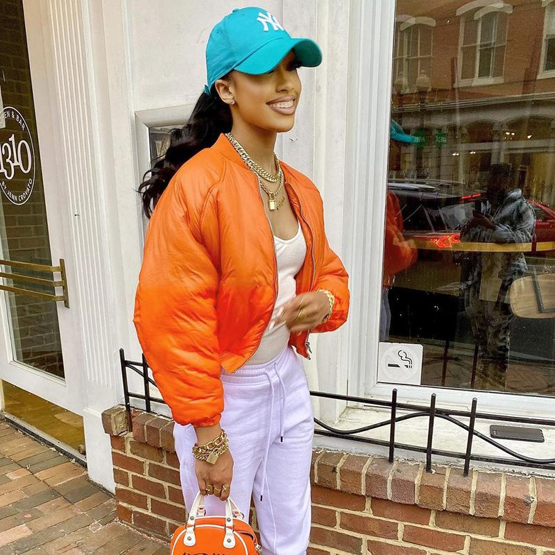 Women's Down & Parkas Winter Orange Puffer Jacket Warm Bubble Coats Zipper Cropped Jackets Women Vintage Outwear Club Outfits