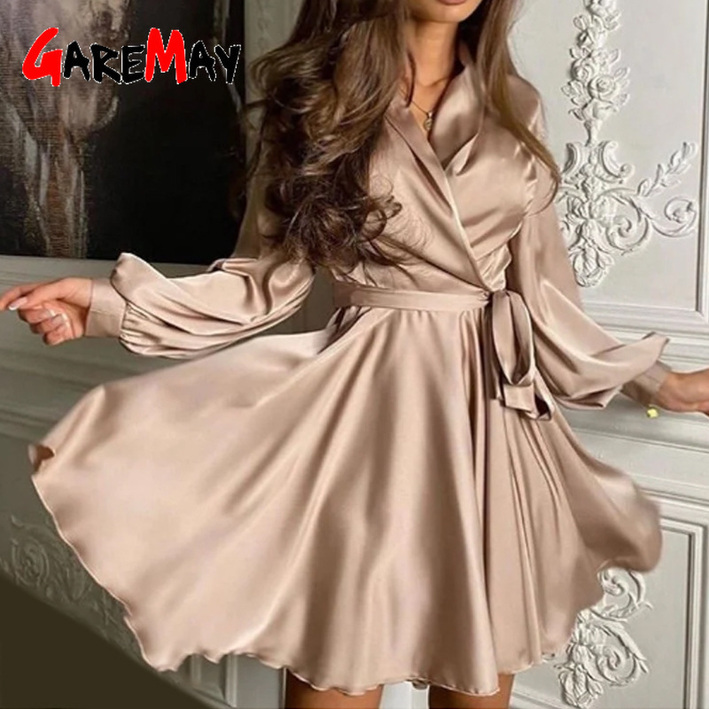 Short Dresses Elegant Long Sleeve Deep V Green Dexy Chiffon Mini Satin dress Vintage for Women Chic Casual Sundress 210428