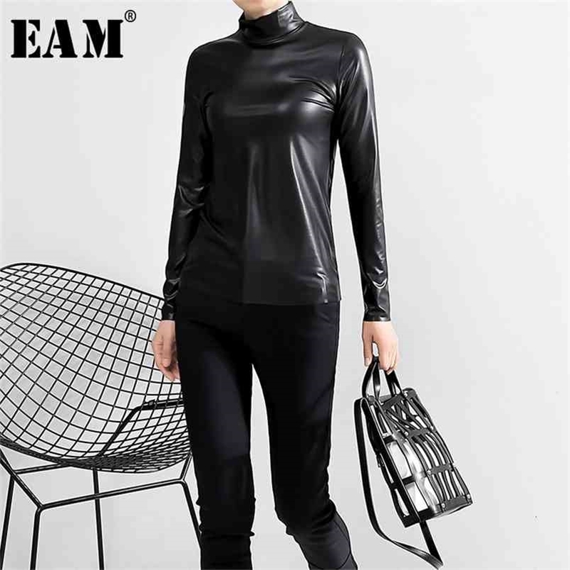 EAM Women Black Brief Pu Leather Temperament Tshirt Stand Collar Long Sleeve Fashion Spring Autumn JY93301 210406