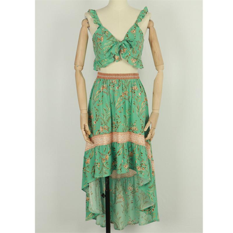 Two Piece Dress Summer Women Bohemia Set Fashion Print Sexy Tank Tops And Asymmetry Long Skirts Beach Vacation 2