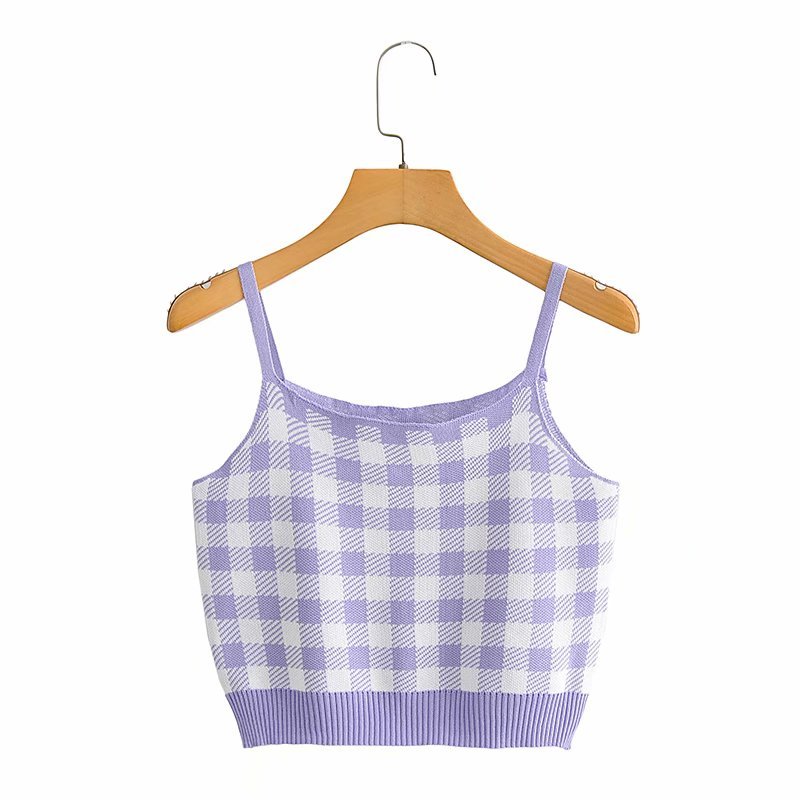 Small Fresh Word Collar Sleeveless Women Camisole Vintage Fashion Sweet Knitted Plaid Chic Female Tops 210507