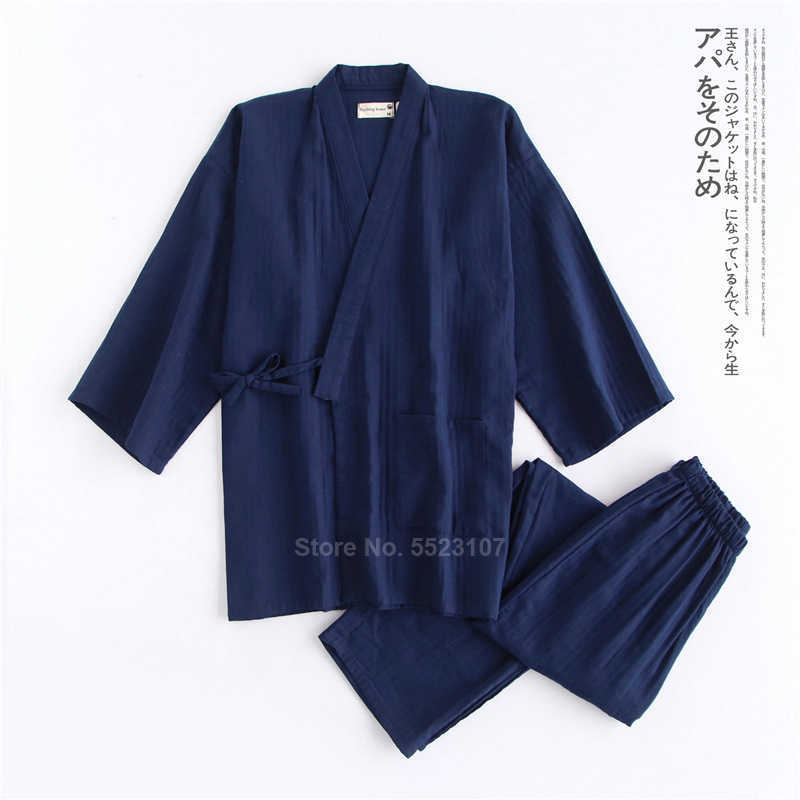 Man Kimono Pajamas Set For Samurai Male Cotton Traditional Japanese Top Trousers Casual Breathable Yukata Sleepwear Clothes 211019