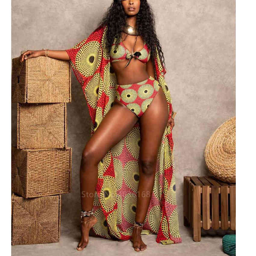 Fashion African Clothes Women Dahsiki Summer 3Pcs Bikini Suit Robe Africaine African Dresses Ethnic Ladies Swimsuit Clothing 210408