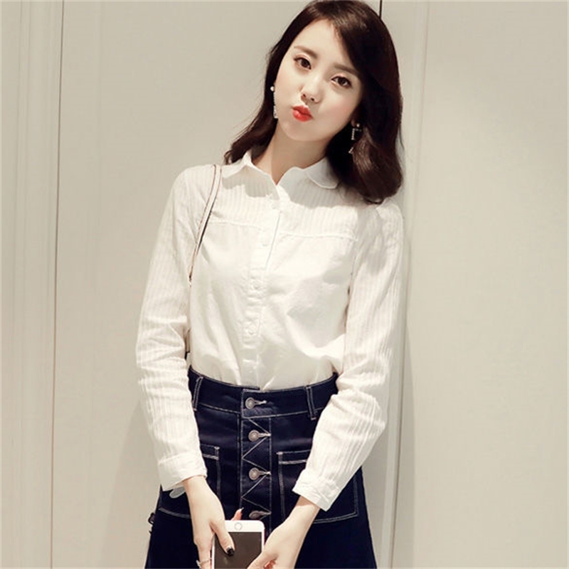 Spring Autumn Korea Fashion Women Shirts Long Sleeve Patchwork Striped White Shirt 100% Cotton Female Casual Blouses D195 210512