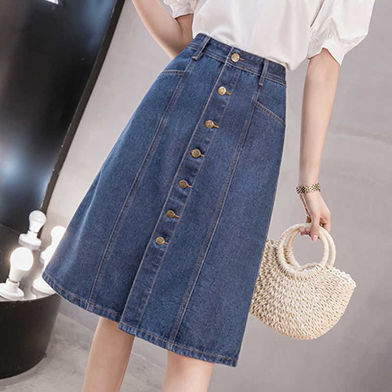 LY VAREY LIN Spring Summer Office Lady Button Mid Length Denim Skirts Casual Single Breasted A-line High Waist 210526