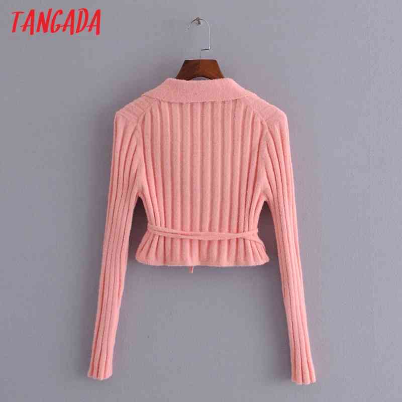 Women Elegant Pink Striped with Slash Jumper Lady Fashion Short Knitted Cardigan Coat 3H174 210416