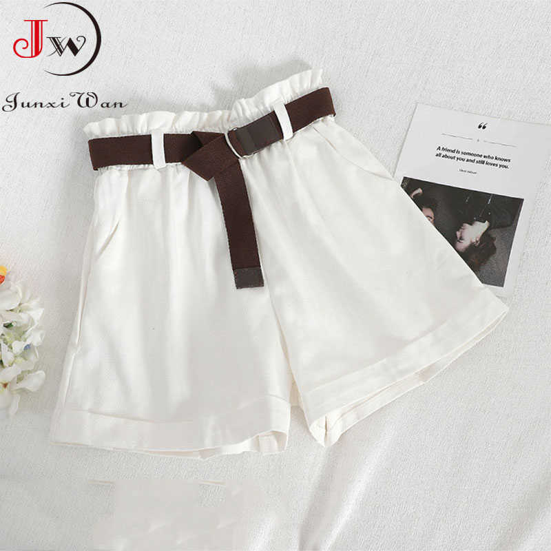 Casual Fashion High Waist Women Summer Cotton Shorts Solid Korean Style Sweet Girls Loose Wide Leg Mini Short Pants With Belt 210714