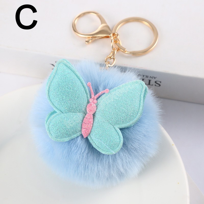 Lovely Fluffy Fur Pom Pom Key Chains Soft Plush Ball Car Keyring With Butterfly Pattern For Women Handbag Pendant Jewelry Gifts