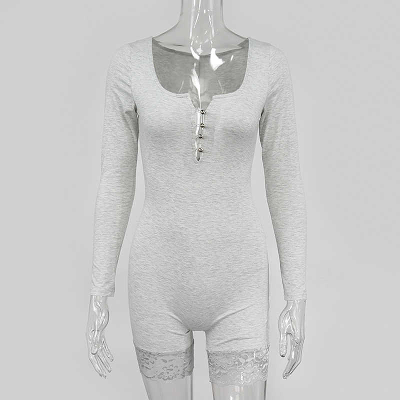 Colysmo Casual Playsuit Women Autumn Blue Solid Long Sleeve Spliced Lace Bodycon Romper Sexy Slim Fit Streetwear 210527