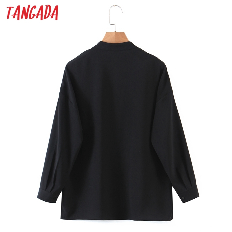Women Pocket Black Blouse Long Sleeve Chic Female Casual Loose Shirt Blusas Femininas SL527 210416