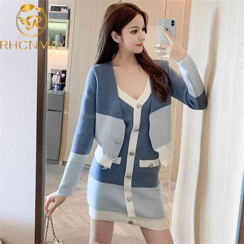 Fashion Women's Knitted Long Car Fashidigan Sling Color matching Slender Sweater round Neck Top Set Two-Piece Women 210506