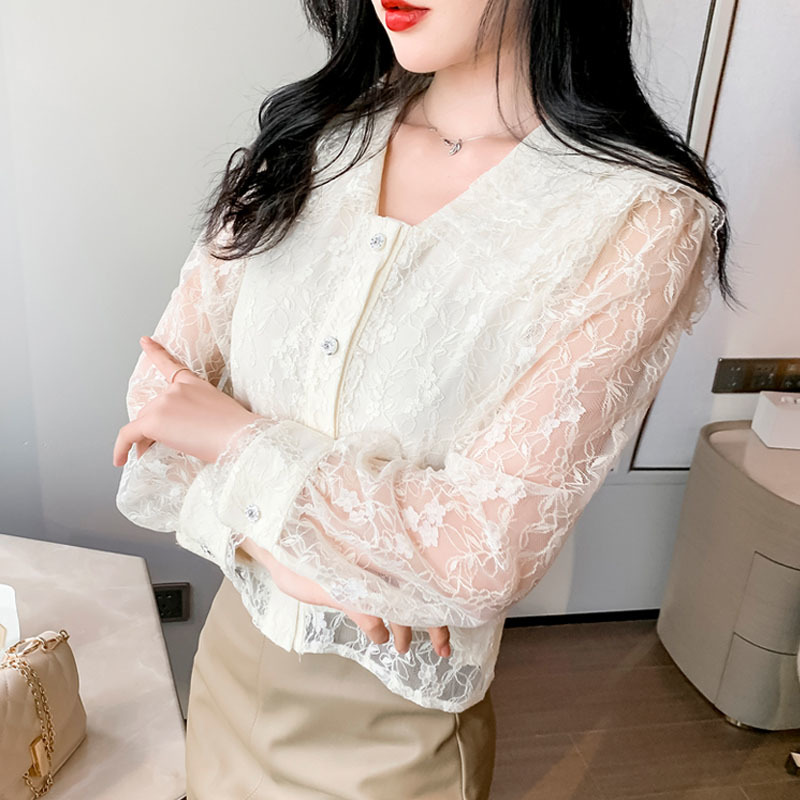Spring Mesh Hollow Out Blouses Embroidered Lace Up Top French Style Sweet Shirt Women Fashion V-neck Collar Tops 13212 210427