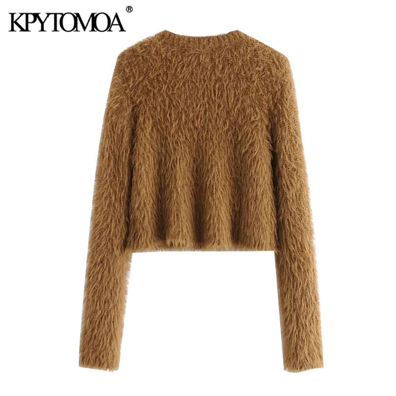 Women Fashion Faux Fur Soft Touch Cropped Knitted Cardigan Sweater Long Sleeve Female Pullovers Chic Tops 210420