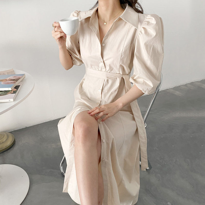 Nomikuma Causal Women Blouse Dress Lace Up Slim Waist Elegant Korean Dresses Puff Sleeve Single Breasted Vestidos De Mujer 6H074 210427