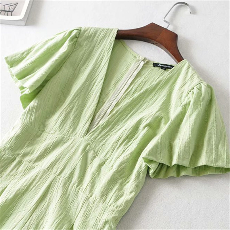 Casual Woman Green Puff Sleeve V Neck Cotton Short Rompers Summer Chic Ladies Soft Zipper Romper Female Beach 210515