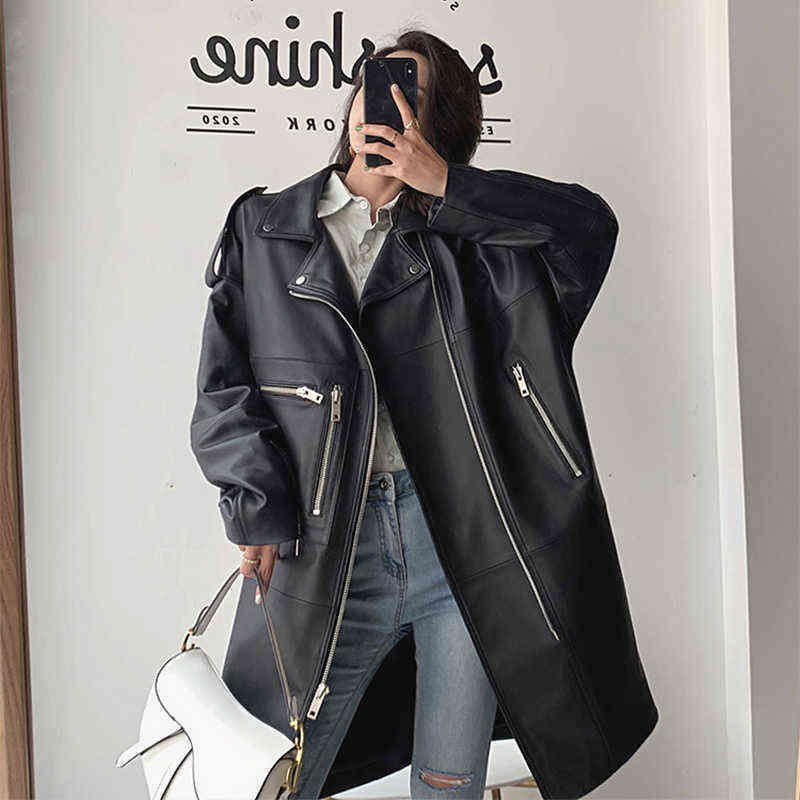 Nerazzurri Autumn Oversized Black Long Womens Leather Jacket Long Sleeve Sipper Spring Loose Faux Leather Coat Streetwear 211130