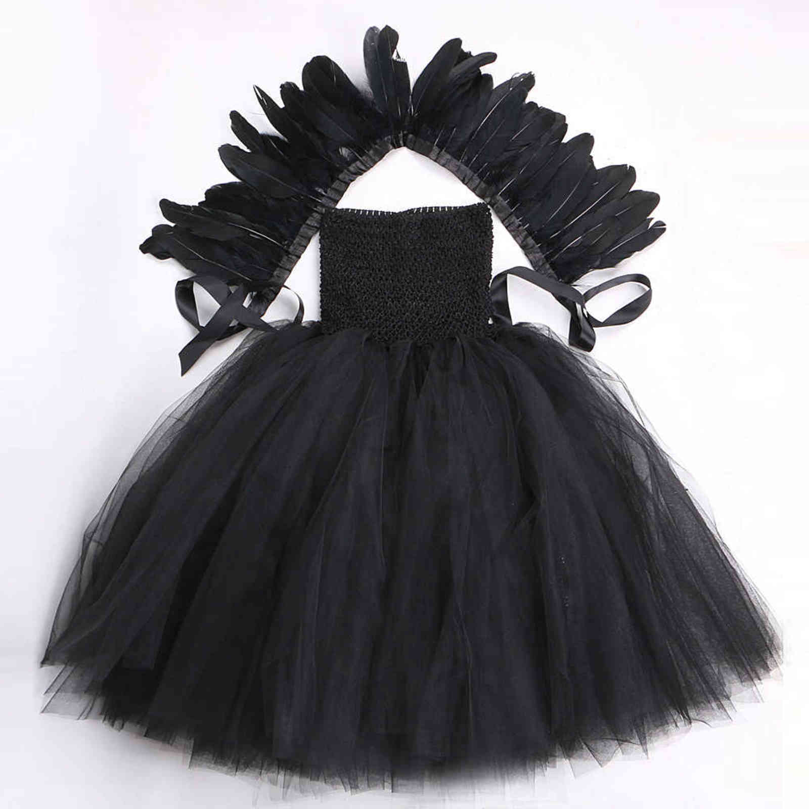 Black Feather Halloween Costumes for Girls Kids Evil Queen Long Tutu Dress with Horns Wings Villian Witch Cosplay Outfit Set 211130