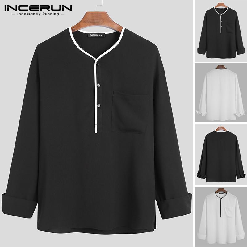 Male Buttons Chemise Mens Leisure Patchwork Shirts Korean Style Long Sleeve V Neck Camisa Hombre Pockets Blusas S-5XL 7 Men's Casual