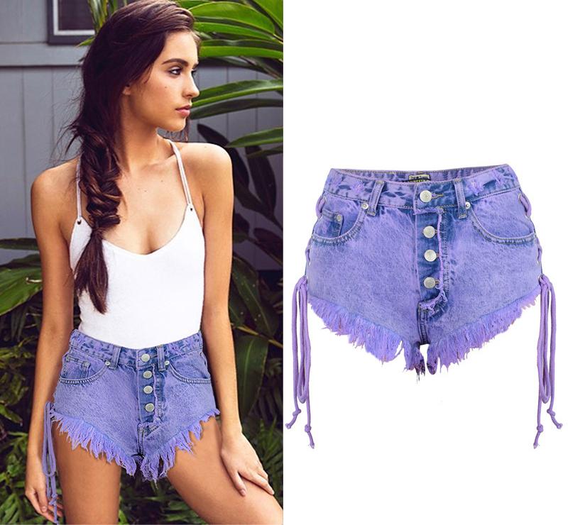Summer Macaron Purple Women Denim Shorts With High Waist Torn Fashion Sexy Holes Plus Size XXL SURETIMES Women's