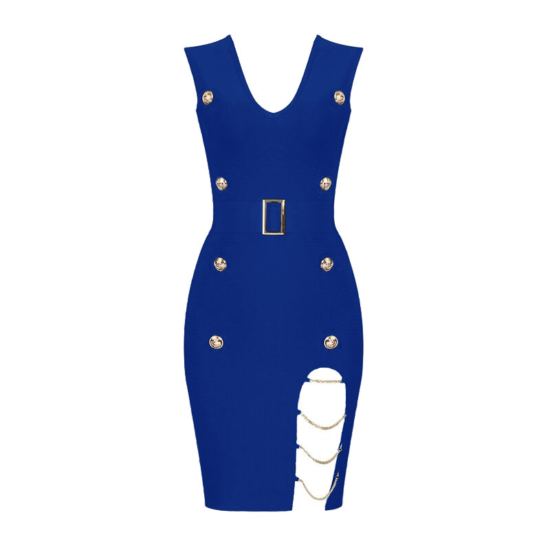 New Women Summer Style Sexy V Neck Chain Red Blue Black Bandage Dress Knitted Elastic Bodycon Elegant Evening Party Dress 210331