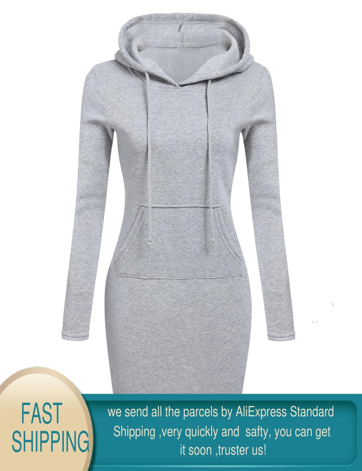 Spring Women's Casual Sweatshirt Long-sleeved Dress Woman Hooded Collar Pocket Simple Vesdies 210428
