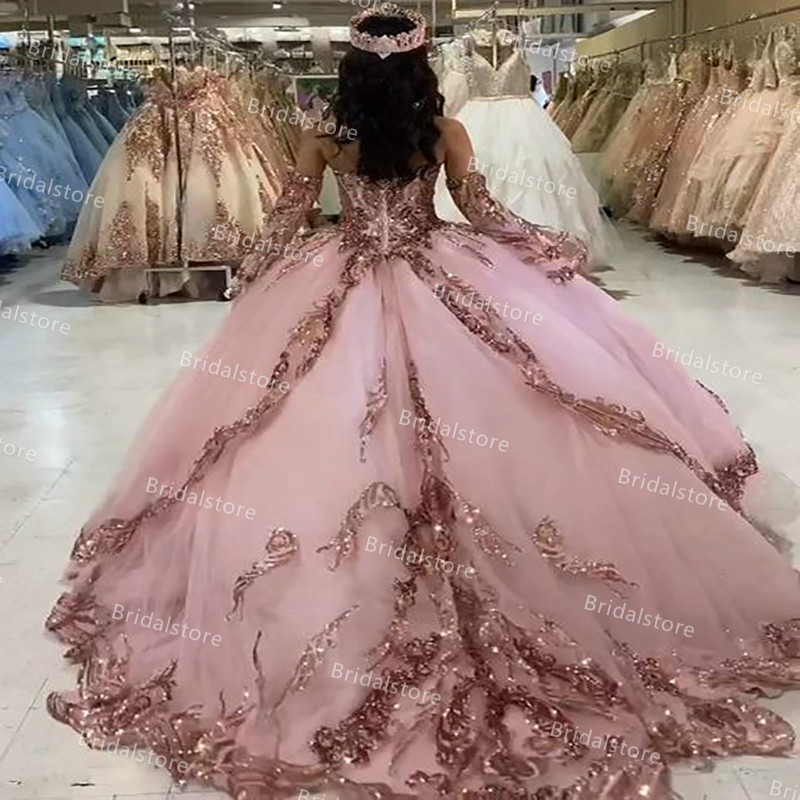 Princess Sequined Sweet 16 Quinceanera Dresses Dusty Pink Ball Gown Glitter Long Sleeve Prom Dress Girls 15 Birthday Party Skirt Graduations vestidos 